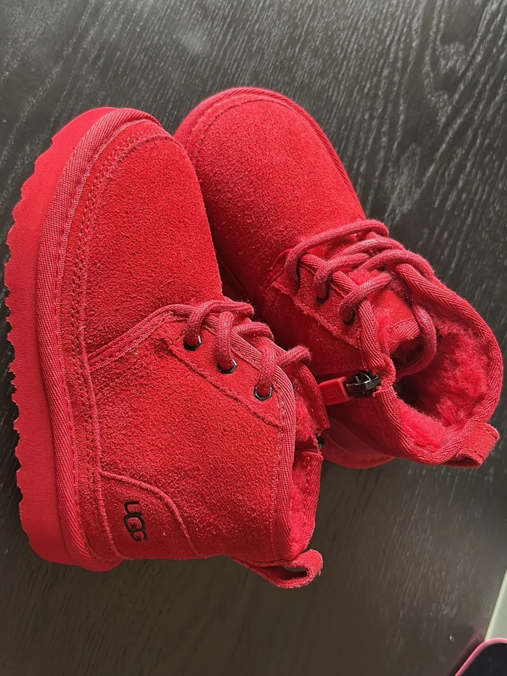 UGG Neumel Red Suede Toddler Lace-Up Boot.